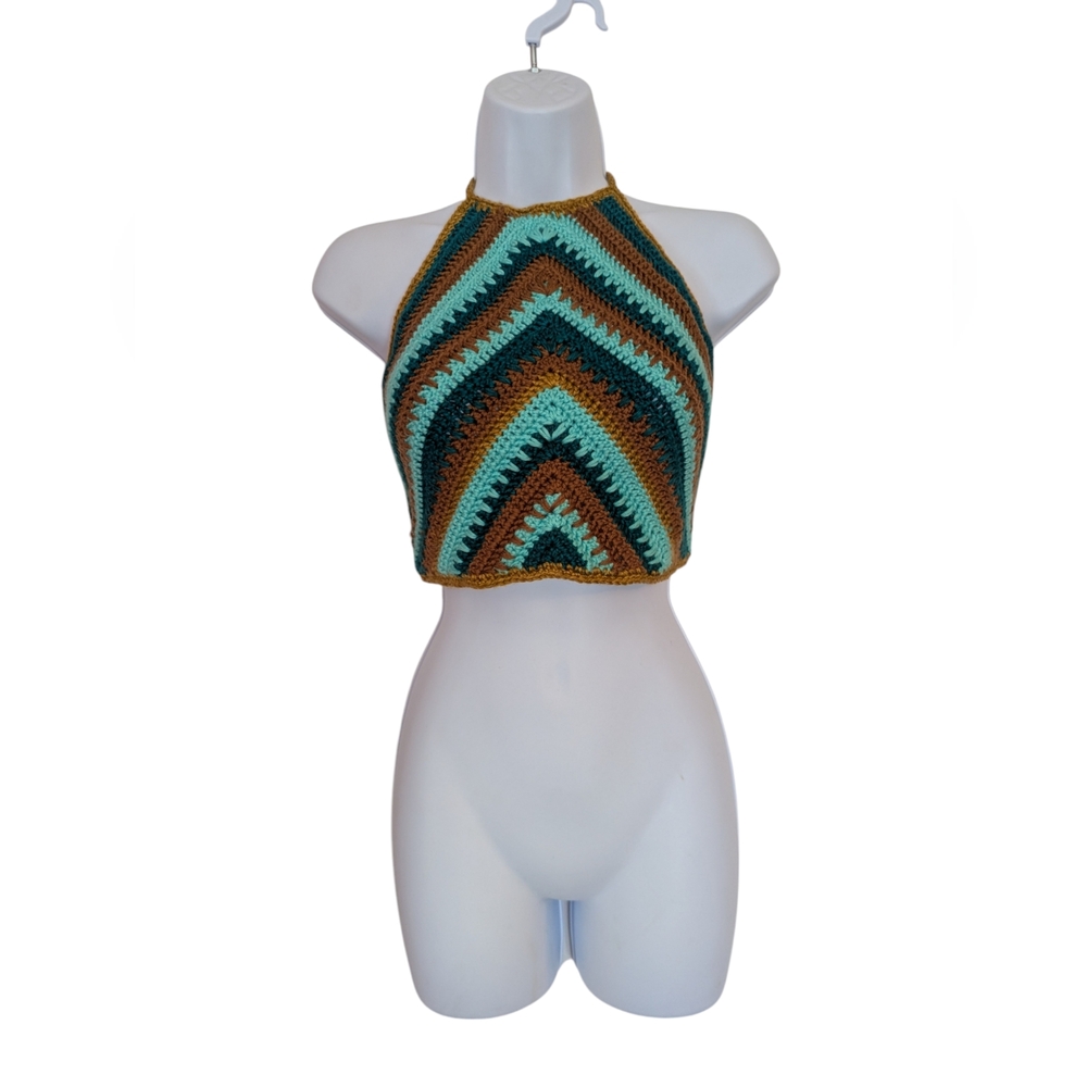 Teal and brown crochet halter crop top